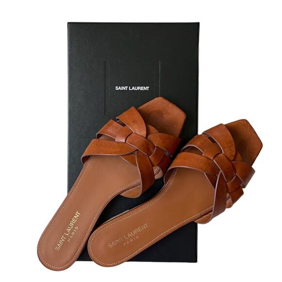 Saint Laurent Tribute Maine Amber Brown Leather Mules Sandals Slides 9.5 - Picture 1 of 6